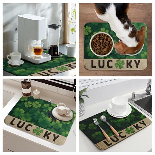 St Patricks Day Spring Shamrock Dish Drying Mats St Patrick's Day Dish Mat Cute Cat Drying Matt Dishes Dryer Pad for Kitchen Counter Absorbent Microfiber Washable Foldable Reusable 18x24 in