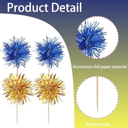 40 PCS Foil Firework Cupcake Toppers Sparkle Tinsel Cupcake Picks Fireworks Birthday Party Decorations Cocktail Fruit Toothpick for Birthday Wedding Graduation Party Decorations Supplies Gold Blue (40 Count)