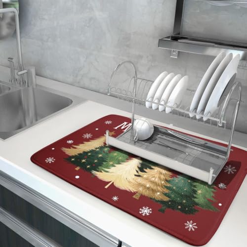Xmas Tree Red Dish Drying Mat for Kitchen Counter
