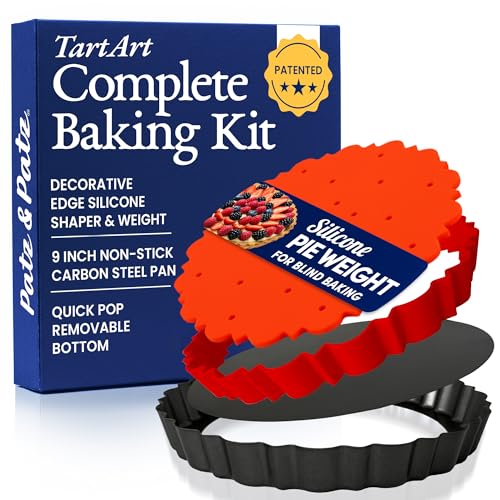 All-in-One Fluted Tart Pan 9 Inch Removable Bottom Set with Patented Silicone Crust Shaper & Pie Weight | Nonstick Carbon Steel Quiche Baking Dish & Tart Molds for Baking - PFOA & PTFE-Free