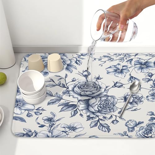 Vintage Floral Dish Drying Mat for Kitchen Counter Blue Floral Chinoiserie Pattern Dish Drying Pad 18x24 In Absorbent French Farmhouse Decor Dishes Drainer Pad Dish Dry Rack Mat for Counter Coffee Bar