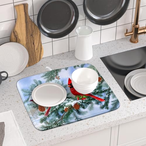 Winter Red Cardinal Bird Dish Drying Mat for Kitchen Counter