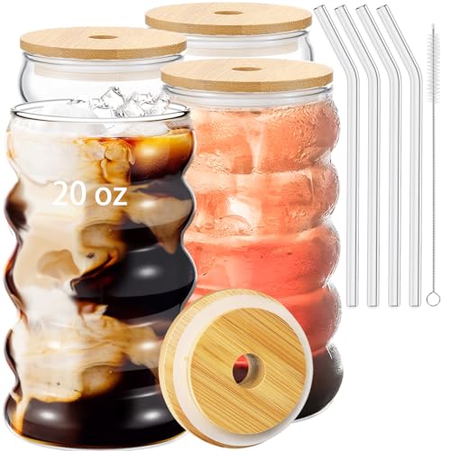 4 Pcs 20oz Drinking Glasses Set with Bamboo Lids and Straws (4 Count)