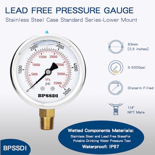 0 5000 Psi Glycerin Liquid Filled Hydraulic High Pressure Gauge