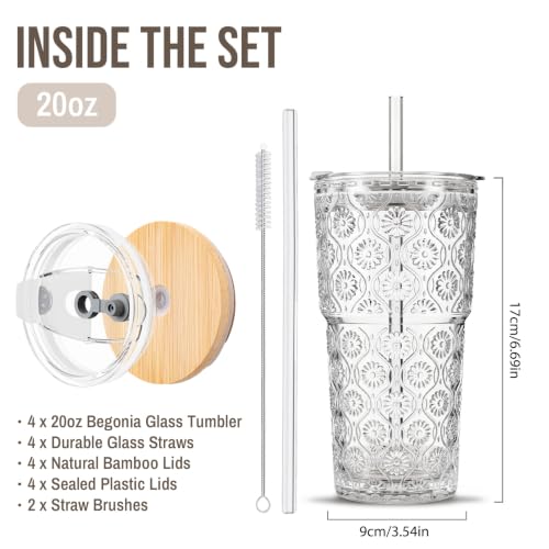 20oz Begonia Flower Glass Tumbler with Bamboo Lid and Straw