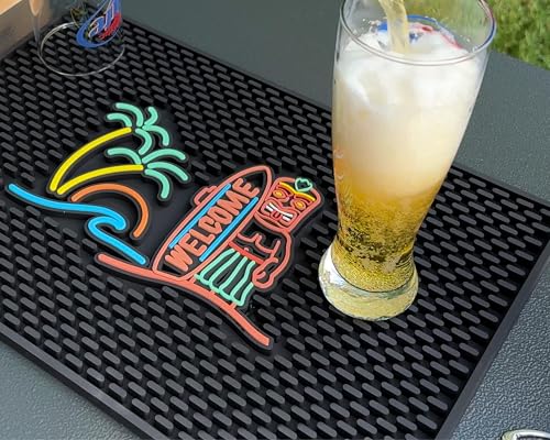 Tiki Bar Mats for Countertop 18 x 12 Tiki Bar Decor Mat Unique Tiki Man Warrior Design with Surfboard Welcome Greeting Tiki Decor