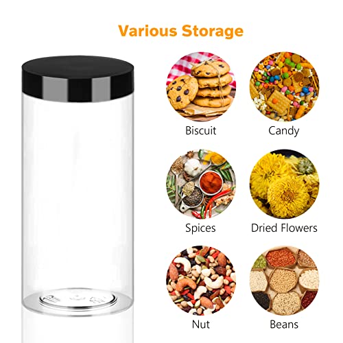 Plastic Jars with Lids 16OZ 16PCS Small Empty Slime Cosmetics Containers Clear Gift Food Jars Round PET Cream Jars with Black Lids Pen Labels for Kitchen Storage Spices Dry Food Butter (16 Count)