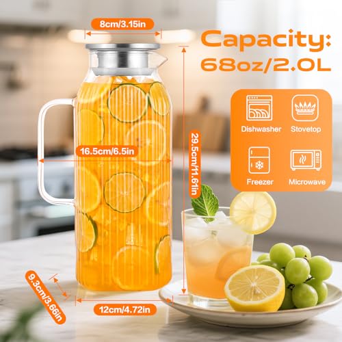 68oz Glass Pitcher with Lid and Handle for Fridge (2 Count)