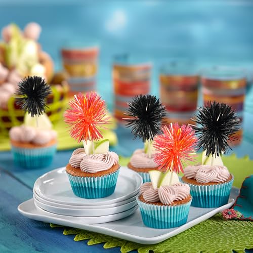 30Pcs Foil Firework Cupcake Toppers Sparkle Tinsel Cake Toppers Tinsel Drink Cake Decoration Cocktail Picks for Birthday Wedding Graduation Party Supplies Black Orange (30 Count)