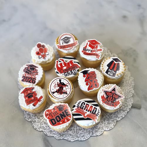 48Pcs Edible Graduation Cap 2026 Cupcake Toppers Wafer Paper Grad Cap Diploma Cake Decoration Picks for 2026 Grad Theme Party Cake Decor Supplies Black Red (48 Count)