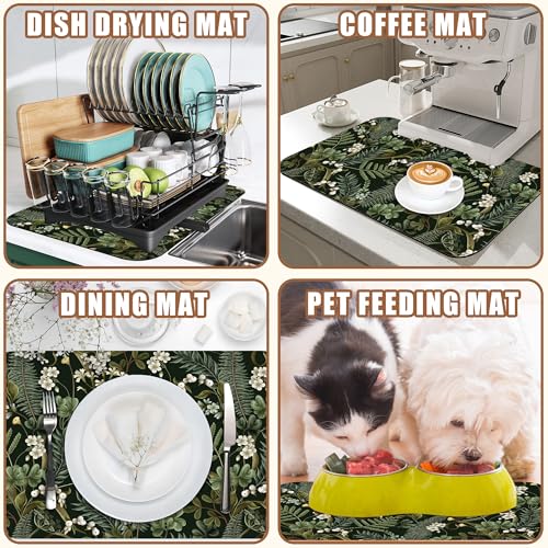 White Flowers and Berries Coffee Mat Fern and Leaves Dish Drying Mat Absorbent Hide Stain Rubber Backed Coffee Bar Accessories Fit Under Espresso Machine Cafe Table