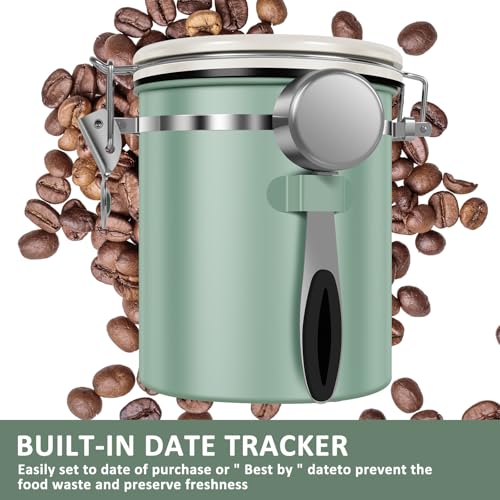 4PCS Coffee Storage Canister 1.5L 51OZ Double Airtight Coffee Beans Container with Date Locator 304 Stainless Steel Kitchen Food Storage Container with Spoon For Coffee Beans Grounds Tea Sugar (4 Count)