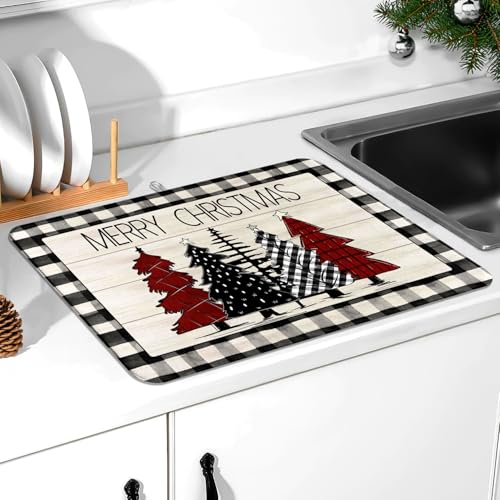 Christmas Tree Dish Drying Mat Buffalo Plaid Merry Christmas Absorbent Kitchen Drying Mat Polyester Dish Drying Pad for Kitchen Counter Farmhouse Coffee Bar Decor