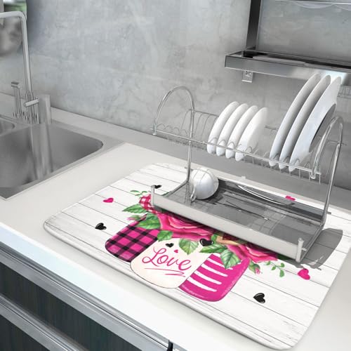 Valentine's Day Rose Flower Dish Drying Mat for Kitchen Counter