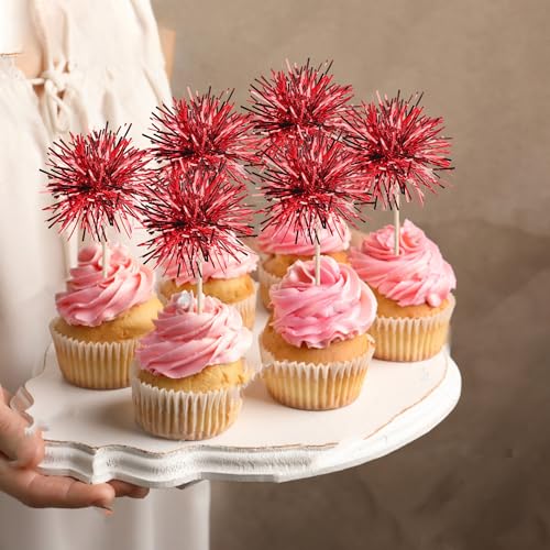 40 PCS Foil Firework Cupcake Toppers Sparkle Tinsel Cupcakae Picks Sparkler Fireworks Party Decorations Cocktail Fruit Toothpick for Birthday Wedding Graduation Party Decorations Supplies Red (40 Count)