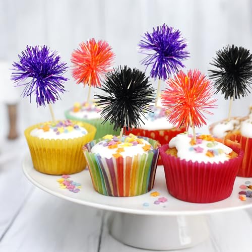 30Pcs Foil Firework Cupcake Toppers Sparkle Tinsel Cake Toppers Tinsel Drink Cake Decoration Cocktail Picks for Halloween Birthday Wedding Graduation Party Supplies Purple Black Orange (30 Count)