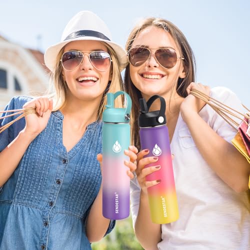 Stainless Steel Wide Mouth Water Bottle 32oz Double Wall Vacuum Insulated Leak Proof Bottle with New Flex Straw Lid & Spout Lid