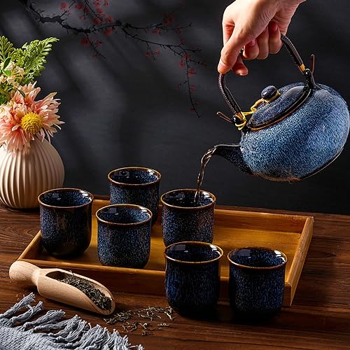 Japanese Asian Tea Set for Adults with 1 Teapot 6 Cups 1 Tray