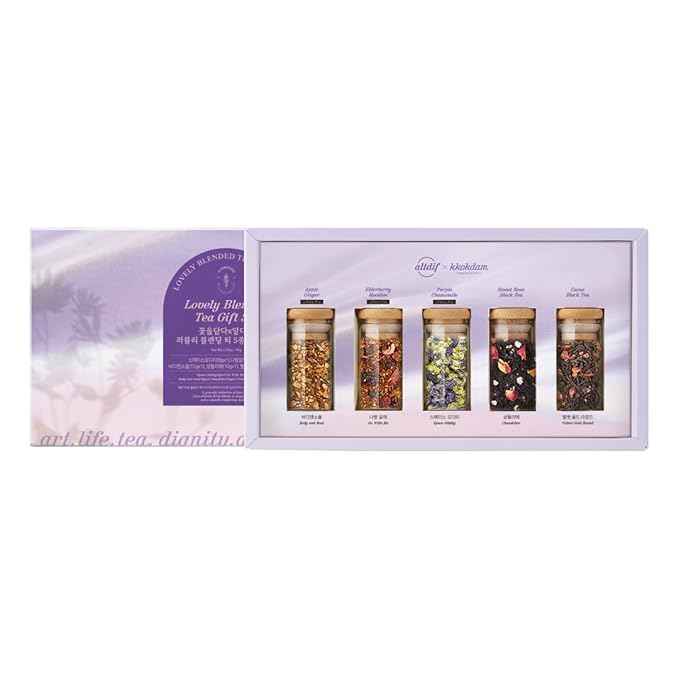 KKOKDAM Lovely Blending Tea Gift Set – Premium 5-Flavor Tea Sampler (3 Herbal & 2 Black Tea Blends) – Loose Leaf Tea Variety Pack in Glass Jars – Unique Korean Gift Box for Women, Mom & Tea Lovers