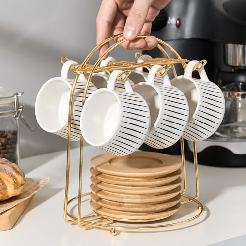 Ceramic Coffee Espresso Cups with Saucers Set with Metal Holder (7.6 Count)