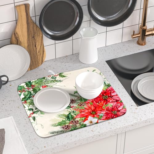 Poinsettia Dish Drying Mat for Countertop 16"x18" Christmas Red Floral Winter Holly Berries Flowers Dish Drainer Mats Microfiber Dish Drying Pad Protector for Kitchen Home Decor Small