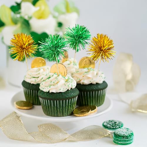 30Pcs Foil Firework Cupcake Toppers Sparkle Tinsel Cupcake Picks Birthday Cake Decorations Drink Stirrers Cocktail Food Fruit Toothpicks for Baby Shower Graduation Party Supplies Green Gold (30 Count)
