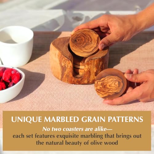 Olive Wood Coasters Set of 6 & Holder