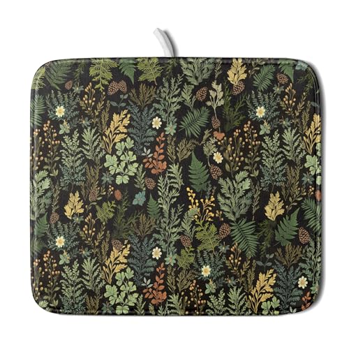 Black Green Botanical Dish Drying Mat for Kitchen Counter 16x18 Inch Super Absorbent Microfiber Kitchen Drying Mat Green Plant Fern Leaves Floral Dish Reusable Washable Dish Drying Pad for Coffee Bar
