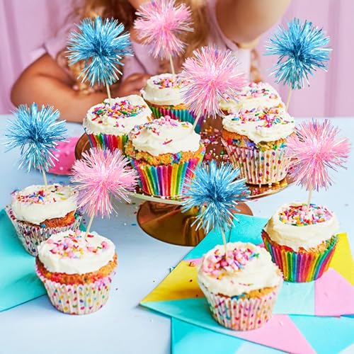 30Pcs Foil Firework Cupcake Toppers Sparkle Tinsel Cupcake Picks Happy Birthday Cake Decorations Drink Stirrers Cocktail Food Toothpicks for Baby Shower Graduation Party Supplies Blue Pink (30 Count)