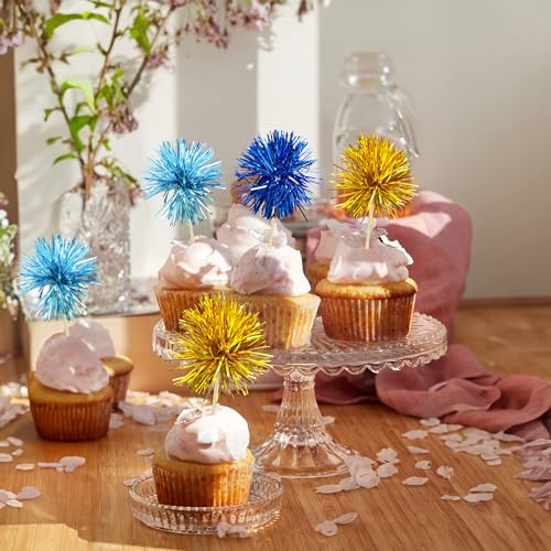 30Pcs Foil Firework Cupcake Toppers Sparkle Tinsel Cake Toppers Tinsel Drink Cake Decoration Cocktail Picks for Birthday Wedding Graduation Party Supplies Gold Light Dark Blue (30 Count)
