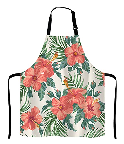 Tropical Leaves and Hawaiian Flower Bib Apron with Adjustable Neck for Men Women