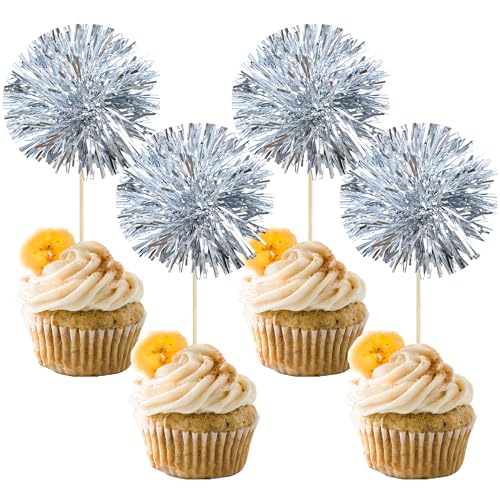 30Pcs Foil Firework Cupcake Toppers Sparkle Tinsel Cake Toppers Tinsel Drink Cake Decoration Cocktail Picks for Birthday Wedding Graduation Party Supplies Dark Silver (30 Count)