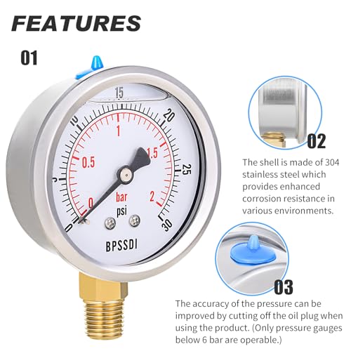 0 30 Psi Glycerin Liquid Filled Low Pressure Gauge