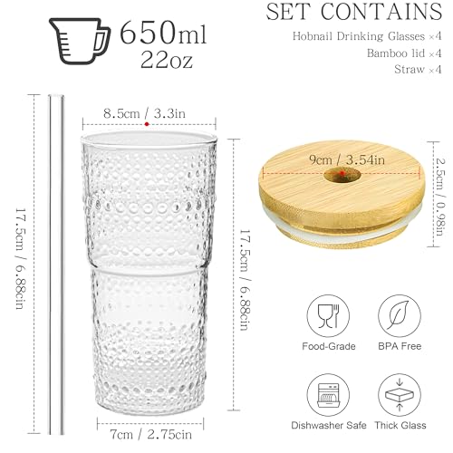 4 Pack 20oz Hobnail Drinking Glasses with Bamboo Lids and Glass Straw (2 Count)
