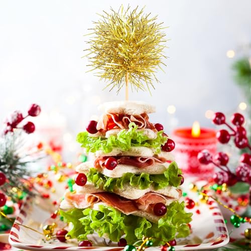 100 Pcs Foil Firework Cupcake Toppers Sparkle Tinsel Cake Toppers Cake Decoration Cocktail Fruit Toothpick for Christmas Birthday Wedding Graduation Party Decoration