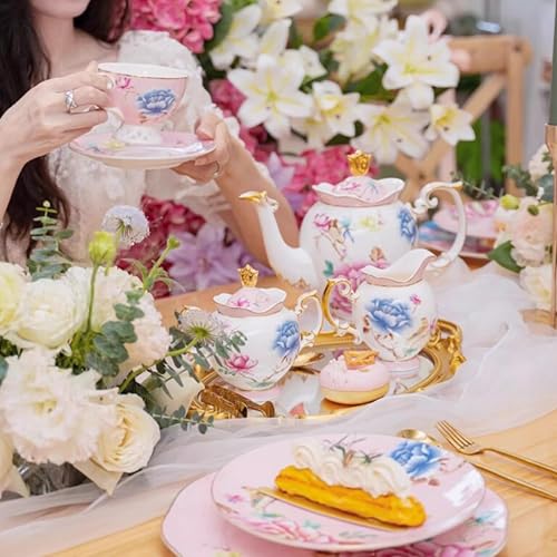 Pink Floral Porcelain Tea Set with 6 Cups and Saucers