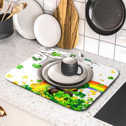 St Patrick Dish Drying Mat Small Lucky Clover Tree Shamrock Dish Drainer Mats 16x18inch Spring Elf Hat Rainbow Colorful Fast Drying Absorbent Dish Drying Pad for Kitchen Counter Decor