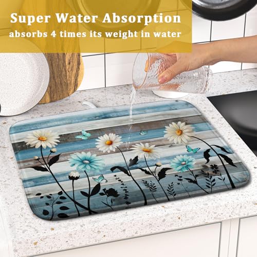 Blue White Daisy Floral Dish Drying Mat for Kitchen Counter