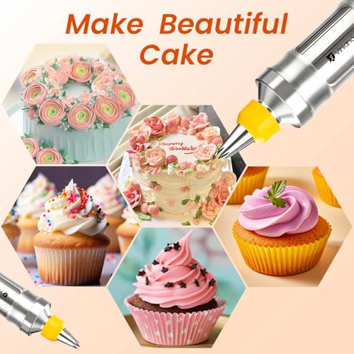 Dessert Decorating Syringe Set Icing Piping Kit Frosting Piping Kit Stainless Steels Cake Decorating Kit with 10 food grade stainless steel piping tips & 50 Disposable Piping Bags Yellow (63 Count)