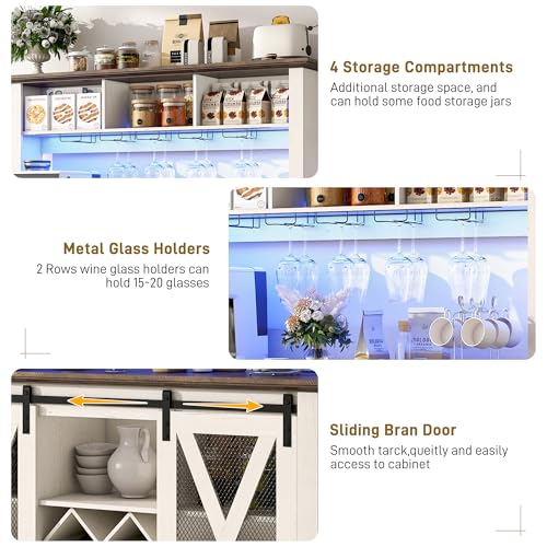 47" Wide 56" H Farmhouse Coffee Bar Cabinet with Power Outlet and LED Light