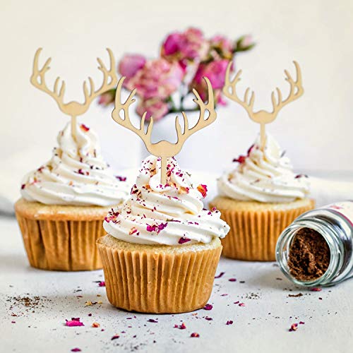 Deer Cupcake Toppers Wooden Baby Shower Woodland Antler Cake Picks Party Decorations Wedding Hunting Boho Rustic Country Birthday Party Supplies Set of 24 (24 Count)