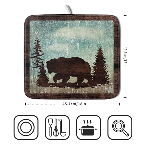 Retro Brown Bear Forest Cabin Dish Drying Mat Countertop 16x18 Fall Blue Sky Cloud Cartoon Wild Animal Bushes Drainer Mat Pine Tree Grass Dishes Pad Rustic Floral Dish Drainer Rack
