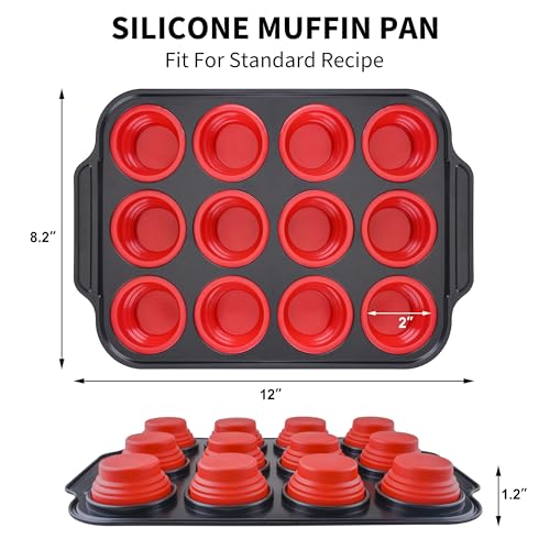 Silicone Muffin Pan for Baking with Metal Frame (12 Count)