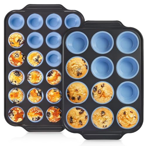 2 Pack 12 Cup and Mini 24 Cup Silicone Muffin Pans for Baking with Metal Frame (2 Count)