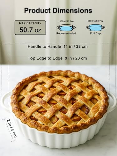9×2in Deep Ceramic Pie Pan with Handles for Pie Quiche Tart Baking. Easy to grip
