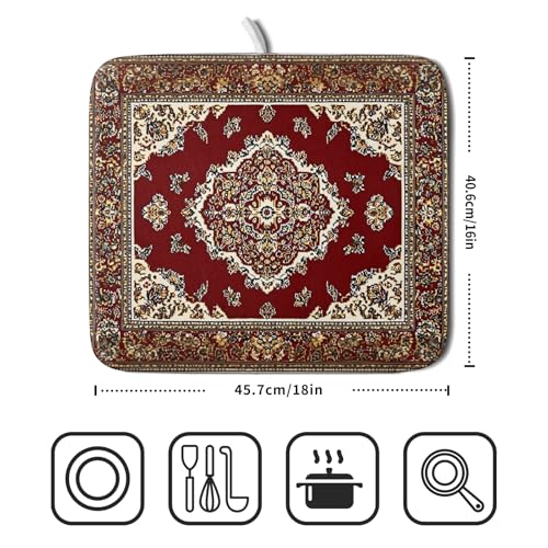 Vintage Boho Dish Drying Mat Antique Tribal Rustic Red Floral Dish Drainer Mats 16"x18" Ethnic Carpet Microfiber Reversible Dish Drying Rack Pad Protector for Kitchen Countertop Decor