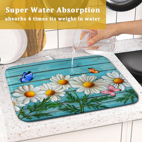 Daisy Dish Drying Mat for Kitchen Counter 16x18in Turquoise Daisy Old Wooden Board Kitchen Mat Absorbent Reversible Microfiber Dishes Pad Fast Drying Dish Drainer Mats for Countertop