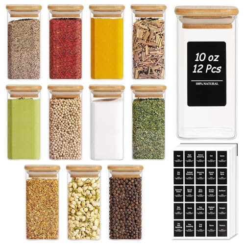 Glass Spice Jars with Labels 10 oz 12 Pack Large Square Bamboo Lids (12 Count)