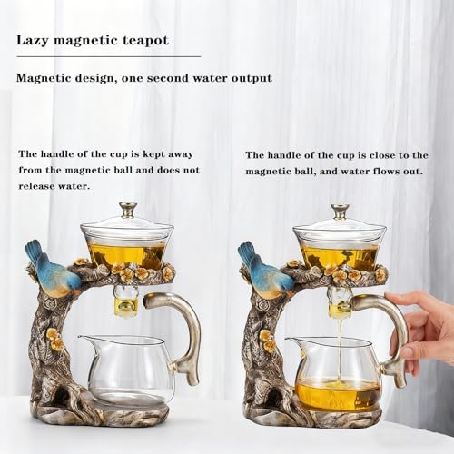 Lazy Kungfu Glass Tea Set Heat Resistant Semi Automatic Drip Rotating with Infuser Magnetic Teapot Set for Gongfu Tea Making Ideal