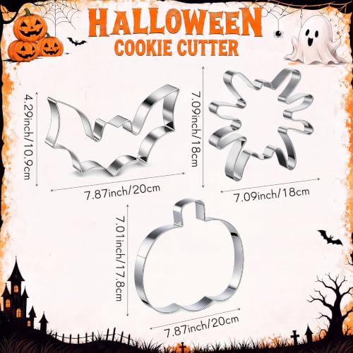 3 Pcs 7.5 Inch Large Halloween Cookie Cutters Set Extra Large Pumpkin Bat Spider Shapes Stainless Steel Metal Giant Cookie Cutters Molds for Halloween Day Baking Party Kitchen Accessories (3 Count)